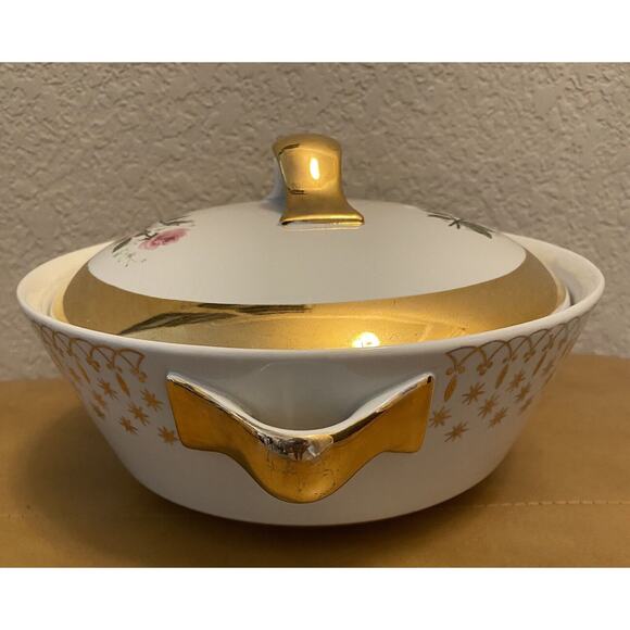 Hall China Flare Ware Rose Pattern Vintage Serving Bowl With Lid Rare Gold Trim - Picture 6 of 9